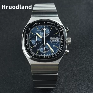 Hruodland New F022 Retro Quartz Chronograph Men Watches Sapphire Glass Blue Black Stainless Steel Fashion Dress Wristwatch